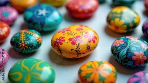 Vibrant Hand-Painted Decorative Stones with Floral Designs and Bold Colors, Perfect for Home Decor or Craft Projects