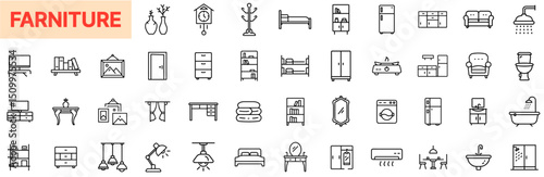 Furniture and Home Interior Line Icon Design Featuring Chairs, Tables, Sofas, Cabinets, Beds, Lamps, Wardrobes, Dressers, Shelves, Showers, Appliances, Clocks, Decor Items, and Room Layout Essentials
