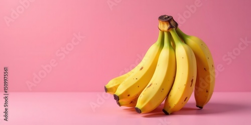 A vibrant bunch of ripe yellow bananas rests on a soft pink surface, creating a cheerful and visually appealing image perfect for various uses.