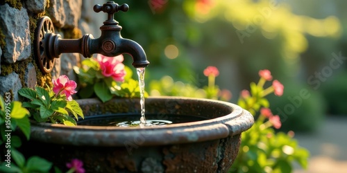 Serene garden fountain with antique faucet pouring fresh water into a stone basin surrounded by vibrant pink blossoms and lush green foliage.