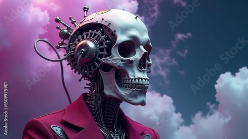 A Mechanical Skull in a Crimson Coat Contemplates a Dreamlike Sky