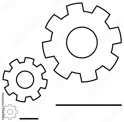 Three outlined gears of varying sizes in a linear arrangement emphasize teamwork, process, and efficiency. Ideal for innovation, engineering, development, industry, technology, workflow and a simple