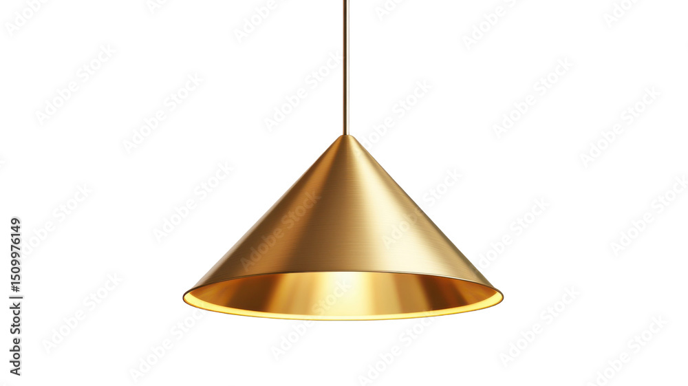 Fototapeta premium Title: Golden Conical Pendant Light Fixture with Text on White Background