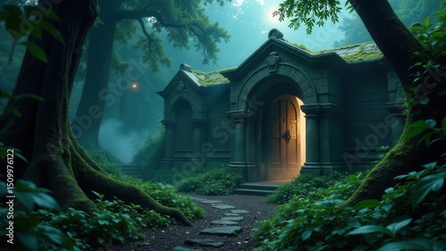 Mysterious Stone Structure Beckons Within a Verdant, Fog-Shrouded Forest, Illuminated by a Single Light Source
