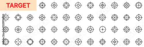 Target and Focus Aim Line Icon Design Featuring Crosshair Symbols, Bullseye Graphics, Precision Marks, Center Points, Circular Targets, Accuracy Indicators, Strategic Goals, and Visual Alignment Eleme