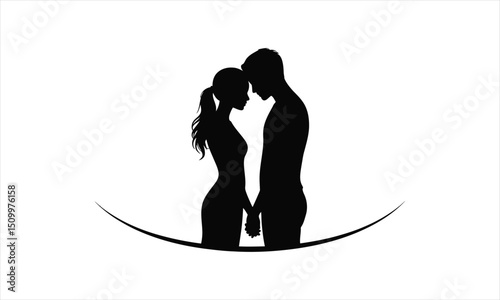 Romantic couple silhouette forehead touching holding hands