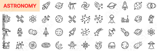 Astronomy and Celestial Observation Line Icon Design Featuring Telescopes, Planets, Rockets, Moons, Stars, Satellites, UFOs, Galaxies, Solar Systems, Astronauts, Black Holes, and Cosmic Exploration El