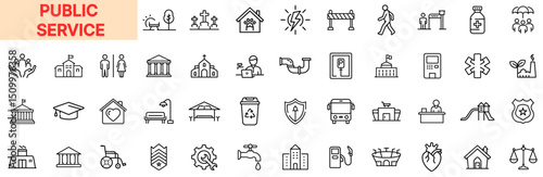 Public Service and Community Utility Line Icon Design Featuring Government Buildings, Healthcare, Waste Management, Education, Water Supply, Emergency Transport, Social Services, Parks, and Infrastruc