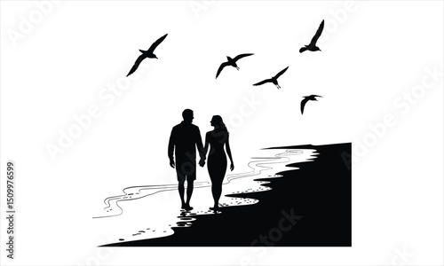 Wallpaper Mural Romantic couple silhouette beach walk birds Torontodigital.ca