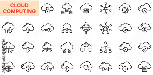 Cloud Computing and Data Storage Line Icon Design Featuring Upload and Download Arrows, Network Connections, Cloud Servers, Security Locks, User Sync, Warning Alerts, Email Icons, Access Permissions