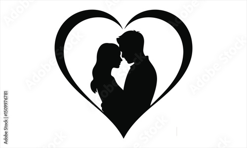 Romantic couple silhouette heart shaped love
