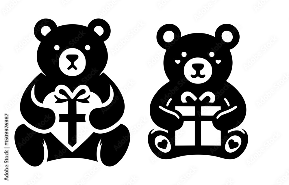 Obraz premium Bear Heart Gift Black White Vector Icon Logo