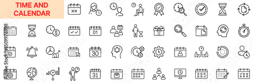 Time and Calendar Scheduling Line Icon Design Featuring Wall Calendars, Hourglasses, Alarm Bells, Stopwatch Timers, Clock Faces, Meeting Reminders, Date Pickers, Event Deadlines, Team Schedules
