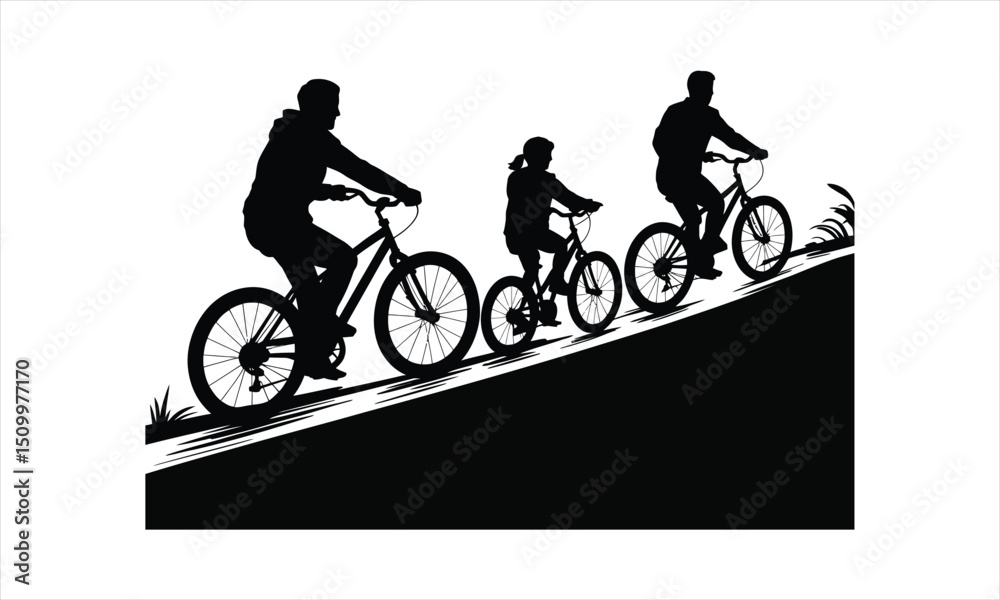 Obraz premium Family cycling up hill silhouette illustration