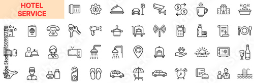 Hotel Service and Guest Hospitality Line Icon Design Featuring Room Keys, Bellboy Carts, Reception Desks, Hairdryers, Hot Showers, Coffee Mugs, WiFi Access, Mini Bars, Towels, Slippers, Spa Areas, and