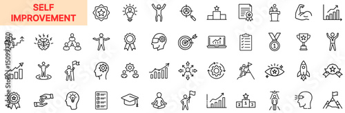 Self Improvement and Personal Growth Line Icon Design Featuring Goal Targets, Mindset Symbols, Medals, Trophies, Charts, Yoga Poses, Light Bulbs, Rocket Launches, Learning Books, Brain Development