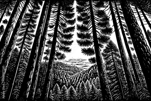 Forest Panorama view with Pine trees black and white hand drawn sketch outline