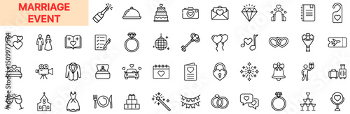 Marriage Event and Wedding Celebration Line Icon Design Featuring Engagement Rings, Wedding Cakes, Church Ceremonies, Champagne Bottles, Love Letters, Balloons, Gifts, Wedding Dresses