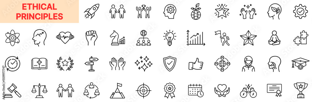 Fototapeta premium Ethical Principles Integrity Morality Fairness Justice Honesty Respect Responsibility Compassion Trust Leadership Character Value Line Icon Design