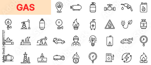 Gas Industry and Energy Distribution Line Icon Design Featuring Gas Valves, Fuel Pumps, Storage Tanks, Flame Warnings, Refinery Units, Pressure Gauges, Delivery Trucks, Drilling Rigs, Safety Labels, a