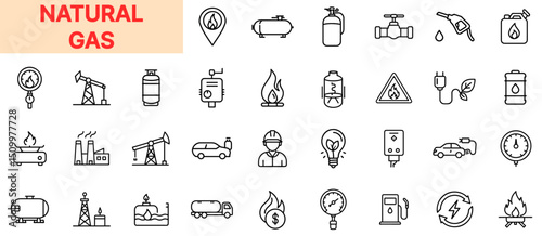 Natural Gas and Energy Production Line Icon Design Featuring Gas Pumps, Fuel Droplets, Storage Tanks, Pipelines, Flame Symbols, Refinery Towers, Safety Gauges, Utility Trucks, Valves, and Energy Meter