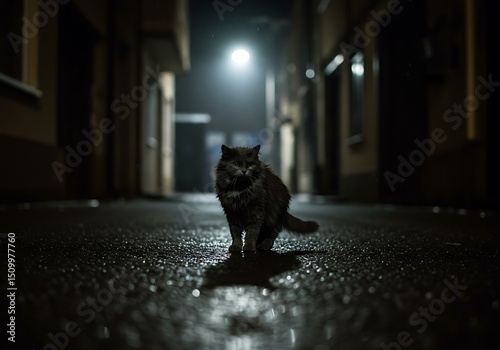 Cat Staring in Wet Alley Illuminated by Streetlight photo