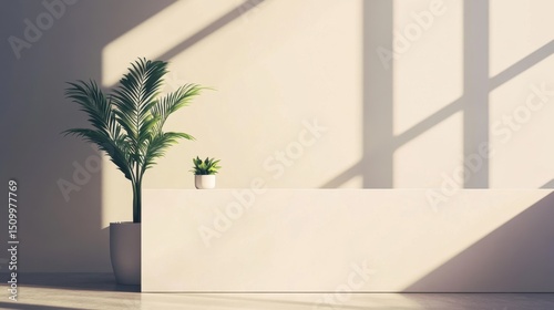 A white reception desk with a single potted plant and soft shadow lines in a modern, minimalist office