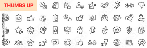 Thumbs Up and Positive Feedback Line Icon Design Featuring Like Symbols, Approval Gestures, Star Ratings, Comment Reactions, Satisfaction Indicators, Success Badges, Endorsement Icons, and Social Inte