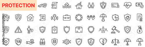 Protection Icons Featuring Security Shields, Insurance Coverage, Legal Safety, Family Welfare, Emergency Plans, and Risk Prevention in Outline Line Icon Design