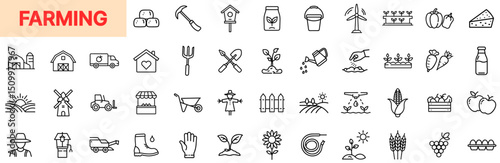Farming Icons Representing Agricultural Tools, Crop Cultivation, Organic Food, Livestock, Irrigation Systems, and Harvesting Process in Outline Line Icon Design