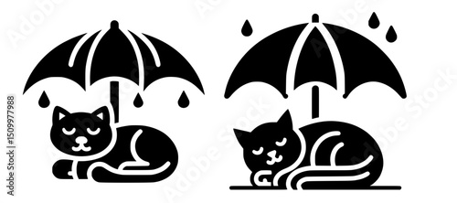 Cat Sleeping Under Umbrella Black Vector Icon Logo