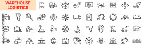 Warehouse Logistics Icons Featuring Inventory Management, Parcel Tracking, Freight Transport, Storage Facilities, and Delivery Workflow in Outline Line Icon Design