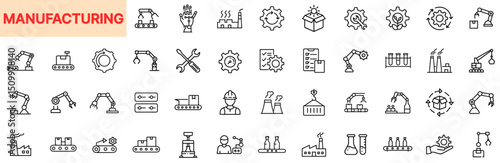Manufacturing Icons Featuring Industrial Automation, Factory Robotics, Assembly Lines, Machinery Parts, and Production Facilities in Outline Line Icon Design