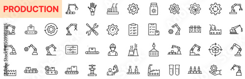 Industrial Production and Manufacturing Process with Factory Robots, Machinery, Assembly Lines, and Engineering Tools in Outline Line Icon Design