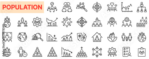 Global Population Growth and Demographic Trend Analysis with Pyramids, Migration, Density, and Social Structure Outline Line Icon Design