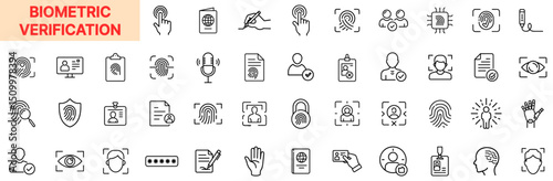 Biometric Verification and Identity Security Line Icon Design Featuring Fingerprints, Face Recognition, Iris Scanning, Voice Authentication, ID Cards, Secure Login Methods, Password Protection, and Pe