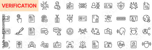 Verification and Identity Validation Line Icon Design Featuring Fingerprint Scans, ID Cards, KYC Documents, Biometric Checks, Password Entry, Facial Recognition, Digital Security, and User Authenticat
