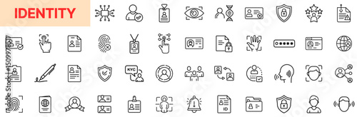 Identity and Personal Authentication Line Icon Design Featuring Fingerprints, ID Cards, Face Scanning, DNA Markers, Security Verification, Biometric Data, Profile Information, and Digital Identity Acc
