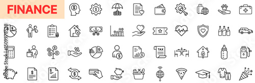 Finance and Investment Line Icon Design Featuring Budget Planning, Tax Forms, Bank Reports, Pie Charts, Currency Exchange, Insurance Coverage, Financial Growth, Wealth Management, and Savings Tools
