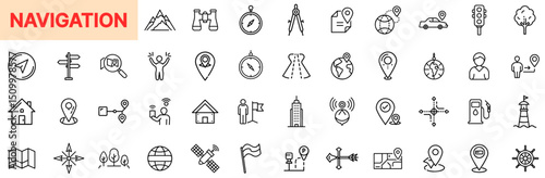 Navigation and GPS Direction Line Icon Design Featuring Map Pins, Compasses, Route Guides, Tracking Tools, Wayfinding Symbols, Landmarks, Position Indicators, Geographic Paths, and Location Services