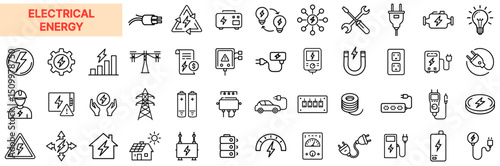 Electrical Energy and Power Supply Line Icon Design Featuring Voltage Symbols, Electric Plugs, Cables, Batteries, Solar Panels, Power Outlets, Circuit Boards, Charging Tools, and Energy Flow Indicator