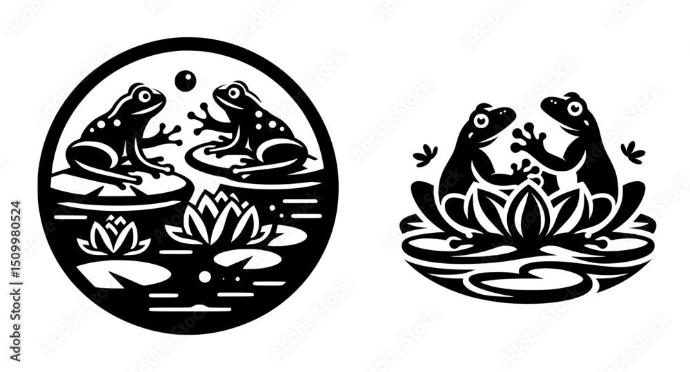 Frogs Playing Lily Pads Silhouette Vector Icon Logo Frogs Playing Lily Pads Silhouette Vector Icon Logo