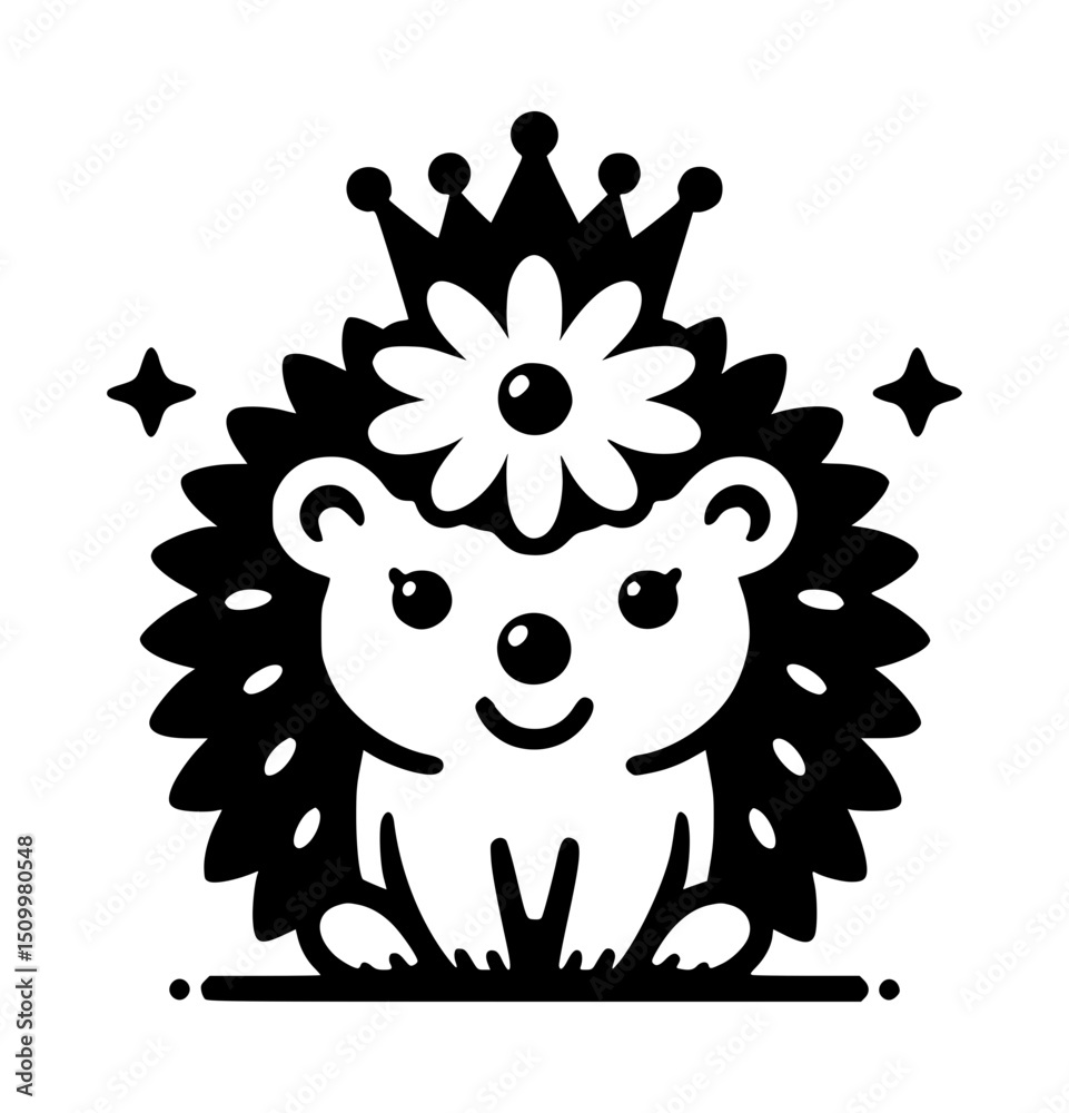Fototapeta premium Hedgehog Daisy Crown Black Vector Icon Logo