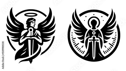 Guardian Angel Sword Halo Silhouette Vector Icon Logo