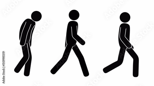Mood Evolution Walk Cycle. Stick figure walking with three distinct moods: sad, neutral, and happy. Pictogram man walk animation with alpha channel.