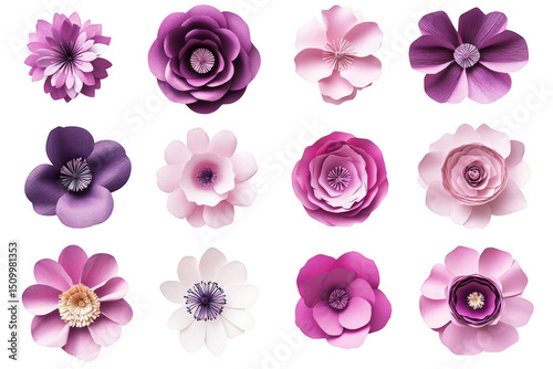 Twelve purple and pink paper flowers isolated on transparent background