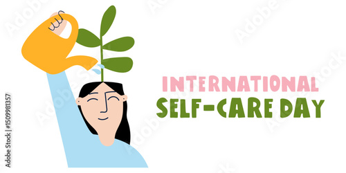 International self-care day. Happy young woman. Banner design. Illustration.