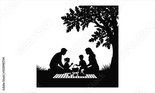 Family picnic underneath a shady tree silhouette