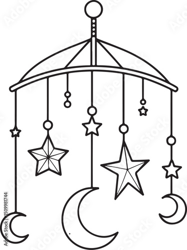 Baby mobile (to hang over crib), Baby Product, Vector Illustration, Sketch Drawing Line Linear Symbol Icon Engraving Coloring Book, Hand-drawn Black and White Isolated
