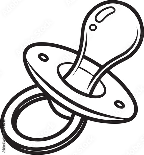 Pacifier (soother) or Teething Ring for Newborn Infant, Baby Product, Vector Illustration, Sketch Drawing Line Linear Symbol Icon Engraving Coloring Book, Hand-drawn Black and White Isolated
